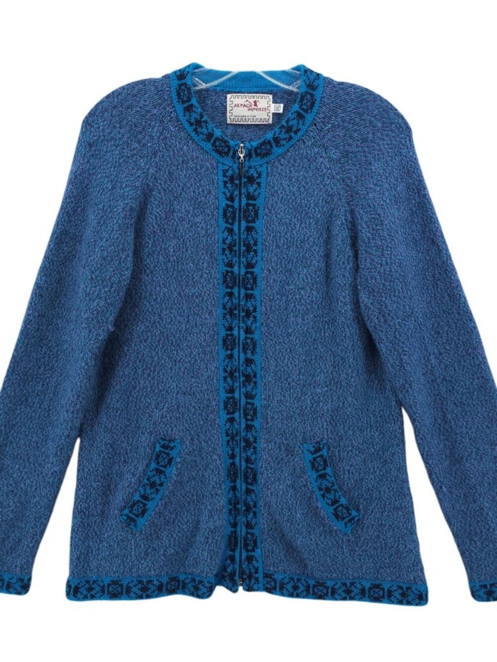 ALPACA IMPORTS Zip Cardigan Sweater Blue Geo Tribal Trim MADE IN PERU Size XXL